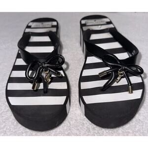 Kate Spade Rhett Sandals Womens Sz 8 Black White Striped Wedge Thong Foam Bow